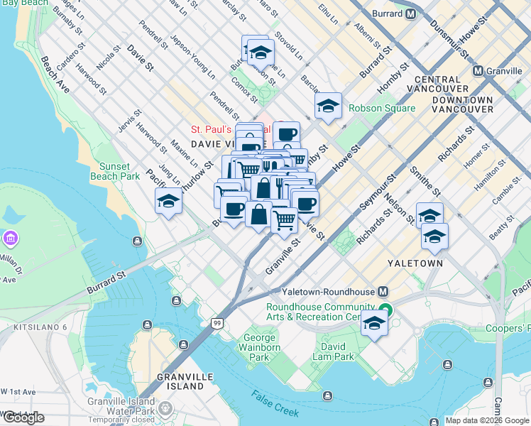 map of restaurants, bars, coffee shops, grocery stores, and more near 1252 Hornby Street in Vancouver
