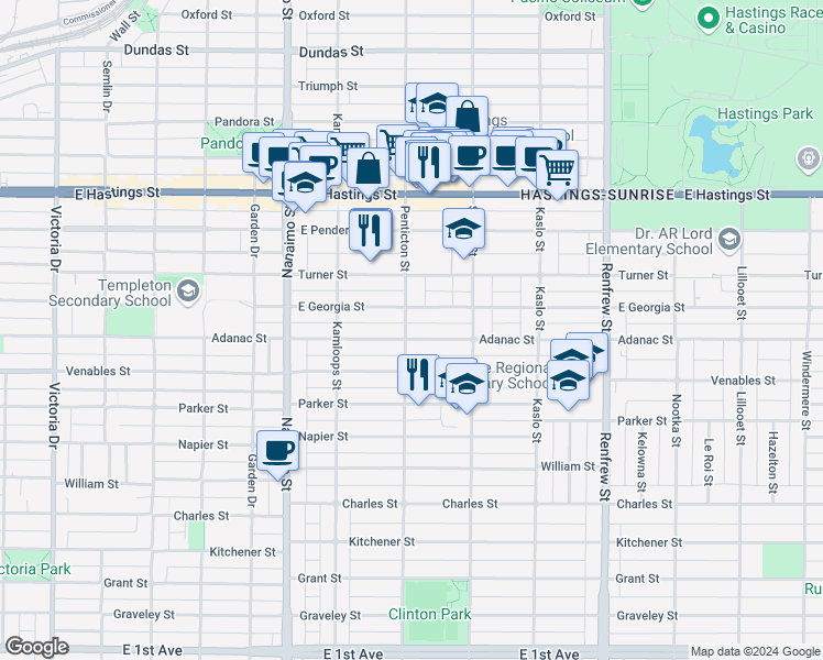 map of restaurants, bars, coffee shops, grocery stores, and more near 2603 Adanac Street in Vancouver