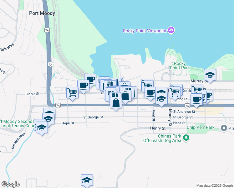 map of restaurants, bars, coffee shops, grocery stores, and more near 2421B Columbia Street in Port Moody