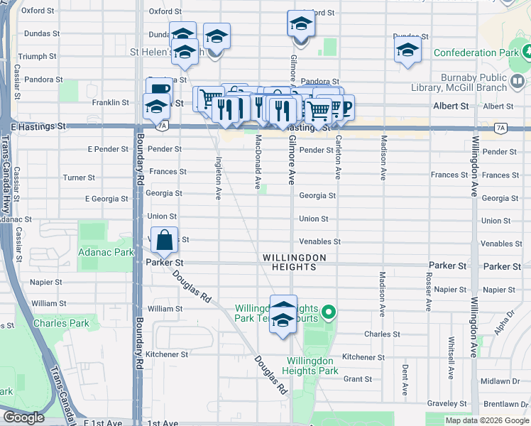 map of restaurants, bars, coffee shops, grocery stores, and more near 4009 Union Street in Burnaby