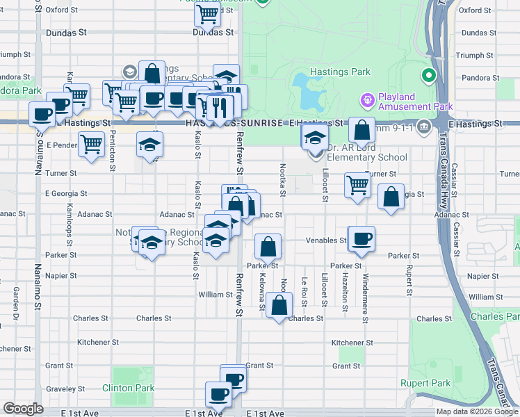 map of restaurants, bars, coffee shops, grocery stores, and more near 2935 Adanac Street in Vancouver