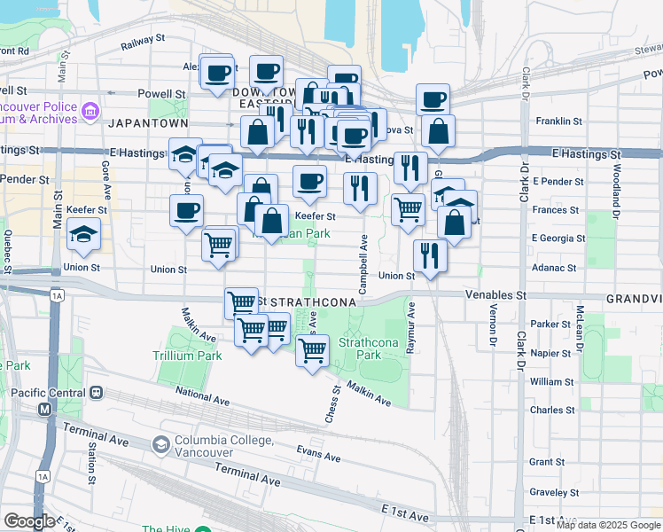 map of restaurants, bars, coffee shops, grocery stores, and more near in Vancouver