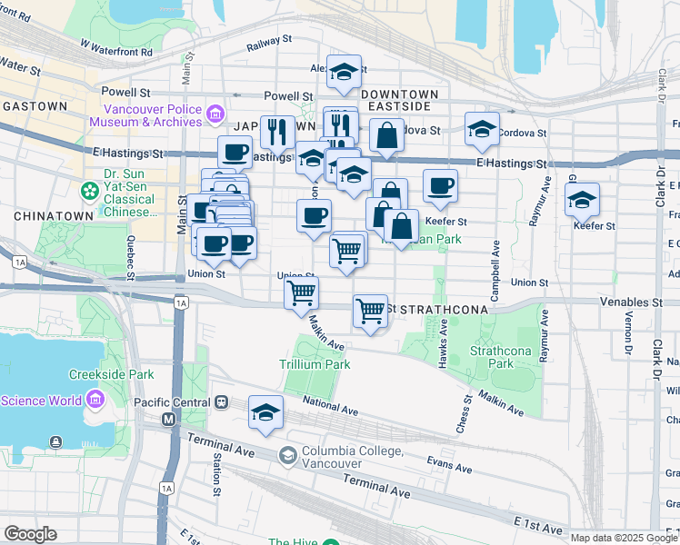 map of restaurants, bars, coffee shops, grocery stores, and more near 563 Union Street in Vancouver