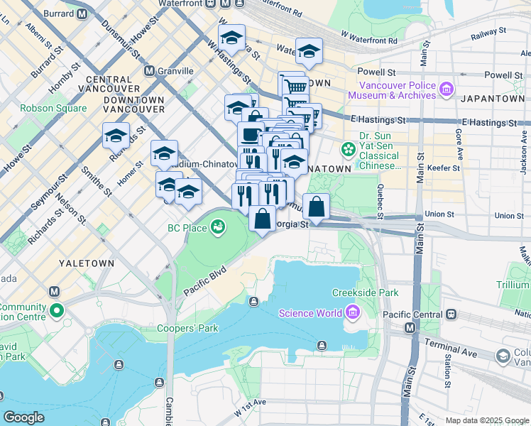 map of restaurants, bars, coffee shops, grocery stores, and more near 111 Regiment Square in Vancouver