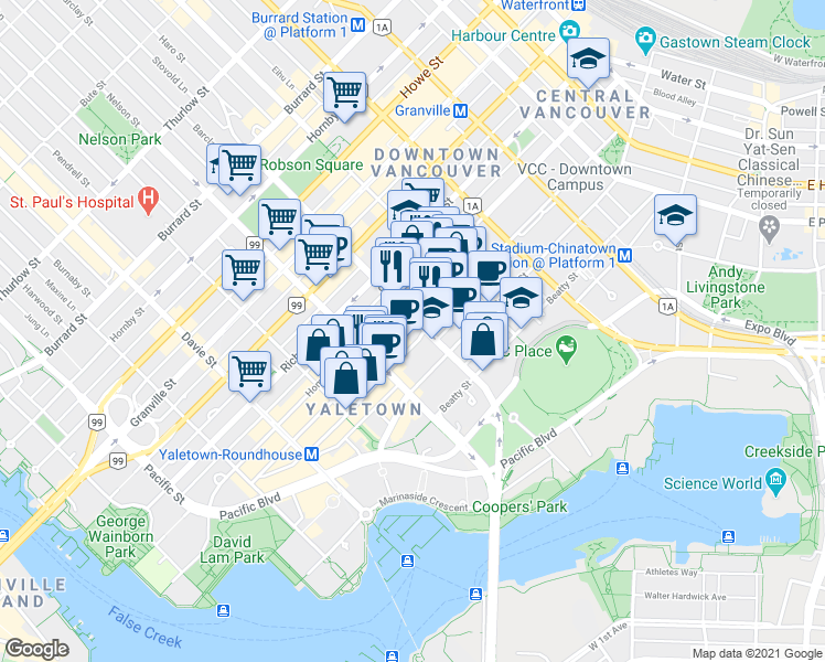 map of restaurants, bars, coffee shops, grocery stores, and more near 891 Homer Street in Vancouver