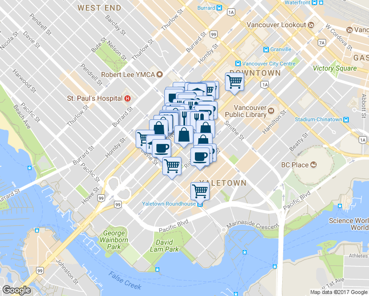 map of restaurants, bars, coffee shops, grocery stores, and more near 1060 Granville Street in Vancouver