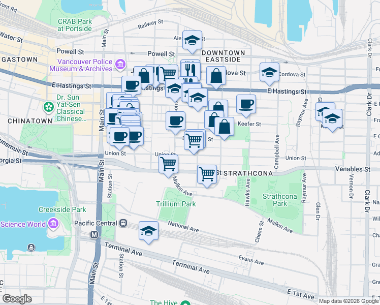 map of restaurants, bars, coffee shops, grocery stores, and more near 563 Union Street in Vancouver