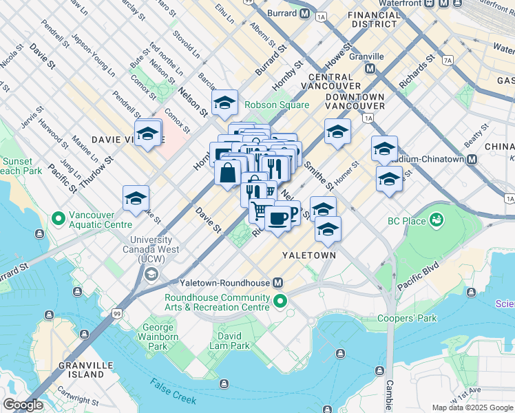map of restaurants, bars, coffee shops, grocery stores, and more near 1082 Seymour Street in Vancouver