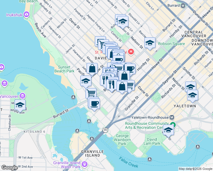 map of restaurants, bars, coffee shops, grocery stores, and more near 1351 Burrard Street in Vancouver