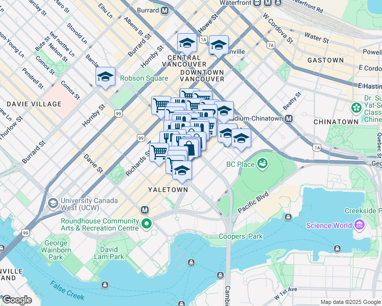 map of restaurants, bars, coffee shops, grocery stores, and more near 507-909 Mainland Street in Vancouver