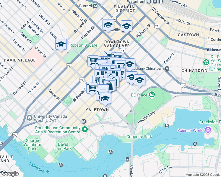 map of restaurants, bars, coffee shops, grocery stores, and more near 507-909 Mainland Street in Vancouver