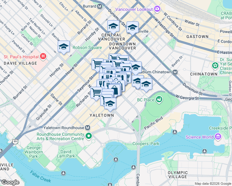 map of restaurants, bars, coffee shops, grocery stores, and more near 909 Mainland Street in Vancouver