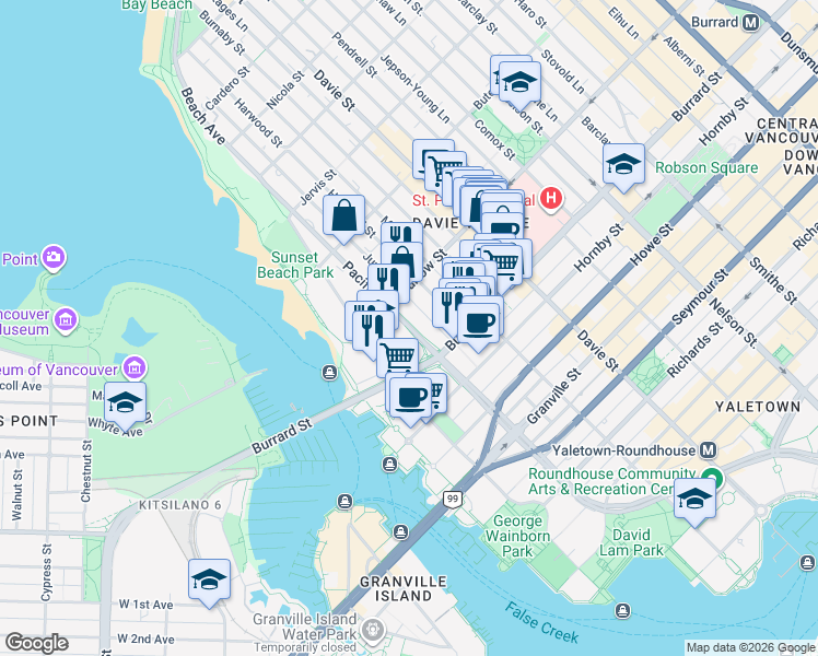map of restaurants, bars, coffee shops, grocery stores, and more near 708 Pacific Street in Vancouver