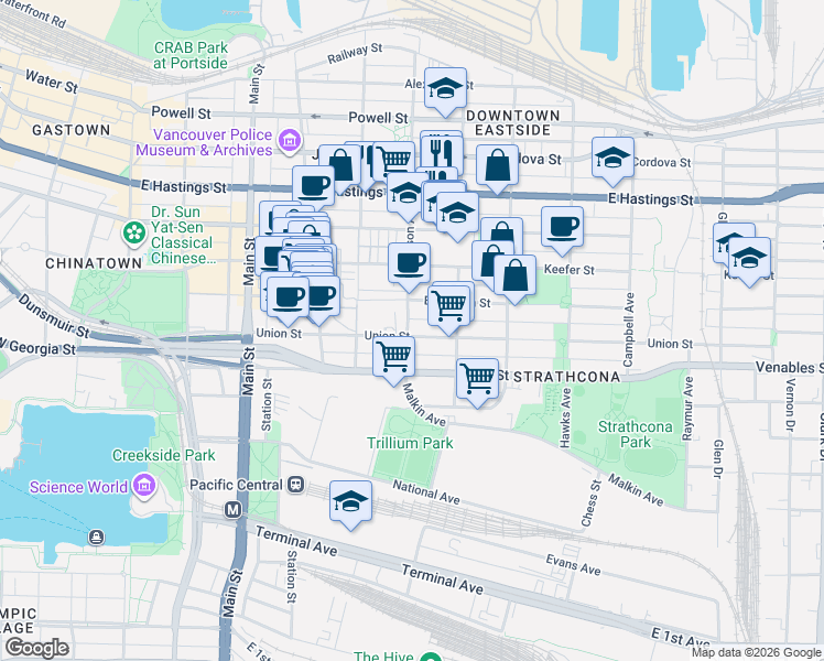 map of restaurants, bars, coffee shops, grocery stores, and more near 740 Jackson Avenue in Vancouver