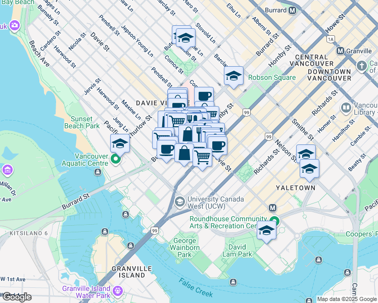 map of restaurants, bars, coffee shops, grocery stores, and more near 1252 Hornby Street in Vancouver