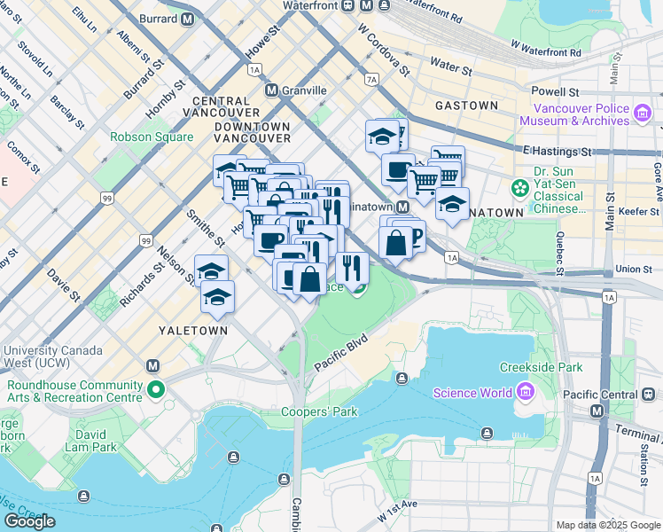 map of restaurants, bars, coffee shops, grocery stores, and more near 730 Beatty Street in Vancouver