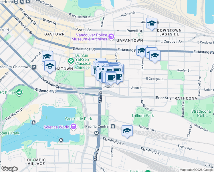 map of restaurants, bars, coffee shops, grocery stores, and more near 221 Union Street in Vancouver