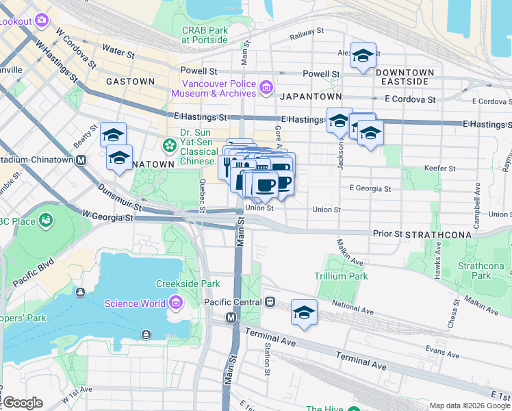 map of restaurants, bars, coffee shops, grocery stores, and more near 221 Union Street in Vancouver