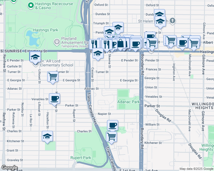 map of restaurants, bars, coffee shops, grocery stores, and more near 745 Skeena Street in Vancouver