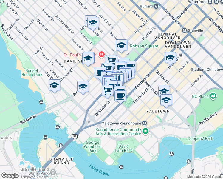 map of restaurants, bars, coffee shops, grocery stores, and more near in Vancouver