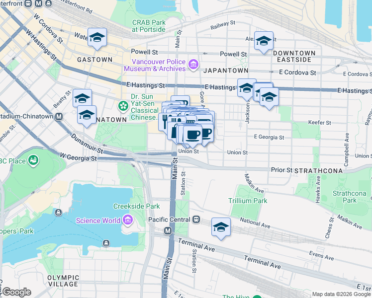 map of restaurants, bars, coffee shops, grocery stores, and more near 221 Union Street in Vancouver