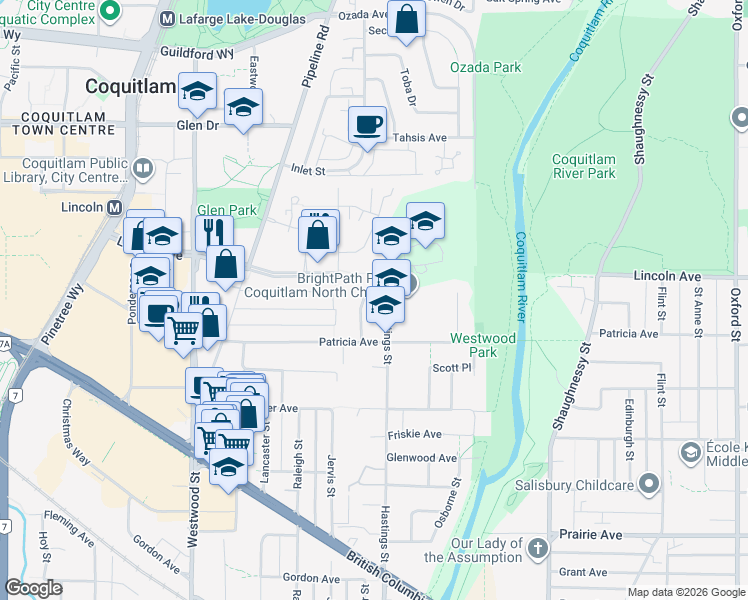 map of restaurants, bars, coffee shops, grocery stores, and more near 3660 McRae Crescent in Port Coquitlam