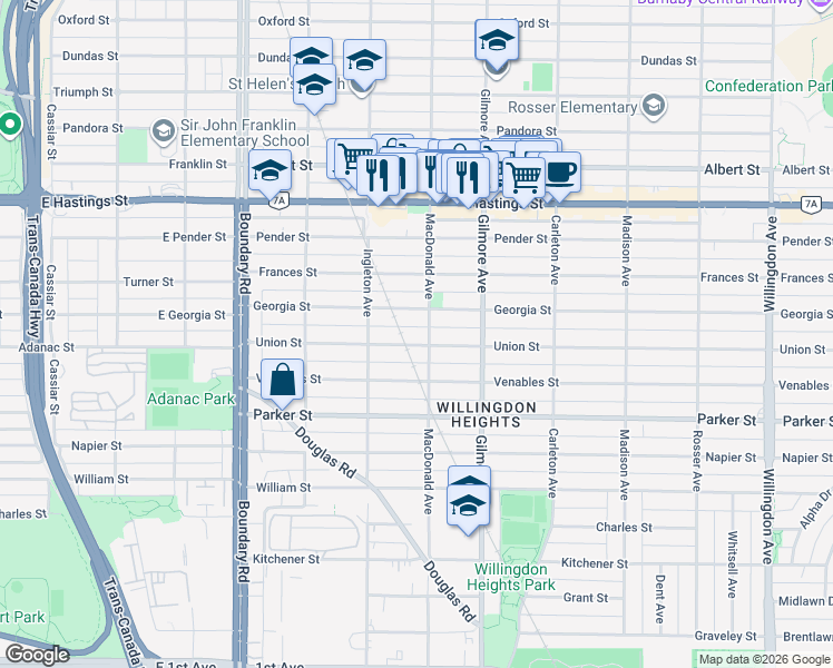 map of restaurants, bars, coffee shops, grocery stores, and more near 3987 Union Street in Burnaby