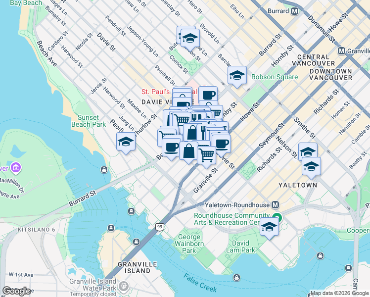 map of restaurants, bars, coffee shops, grocery stores, and more near 1233 Hornby Street in Vancouver