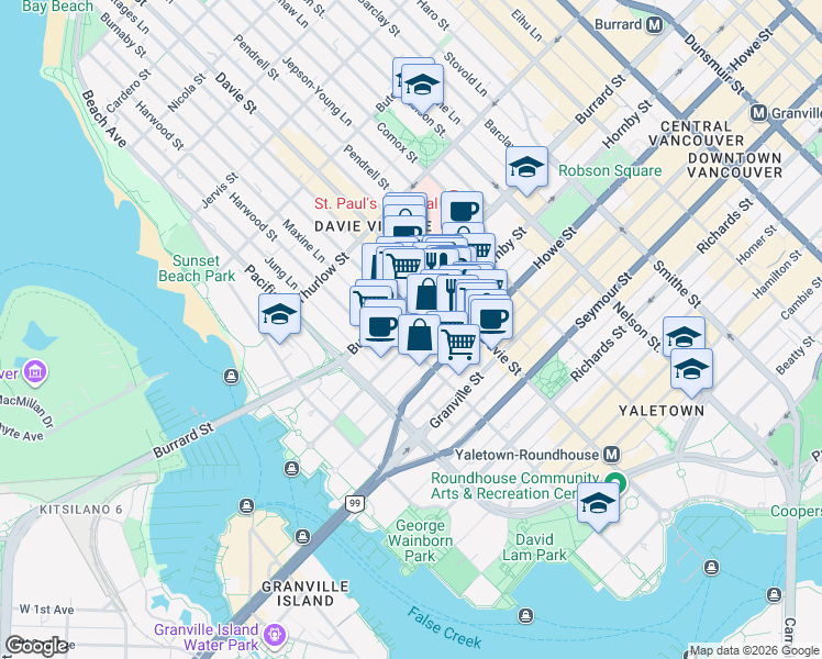 map of restaurants, bars, coffee shops, grocery stores, and more near 1289 Hornby Street in Vancouver