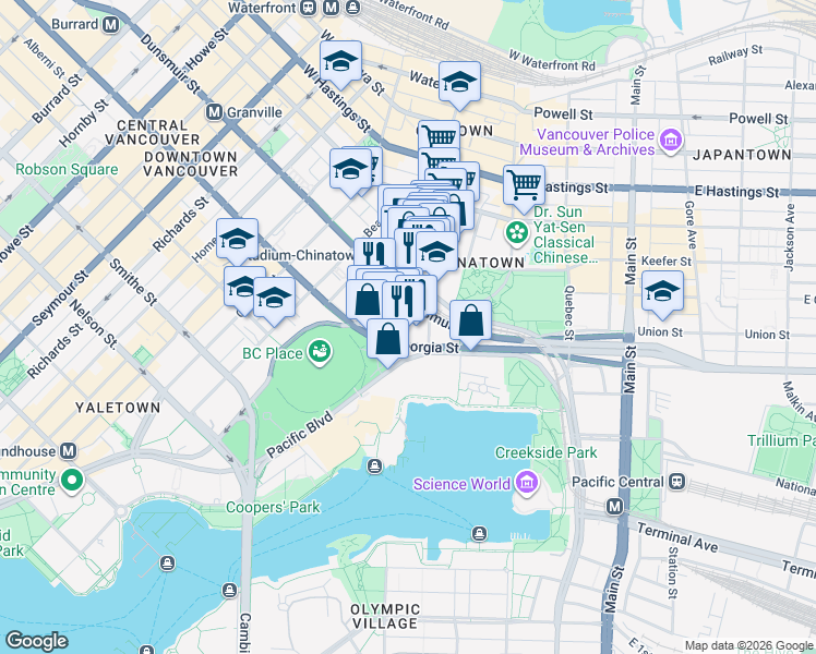 map of restaurants, bars, coffee shops, grocery stores, and more near 800 Griffiths Way in Vancouver
