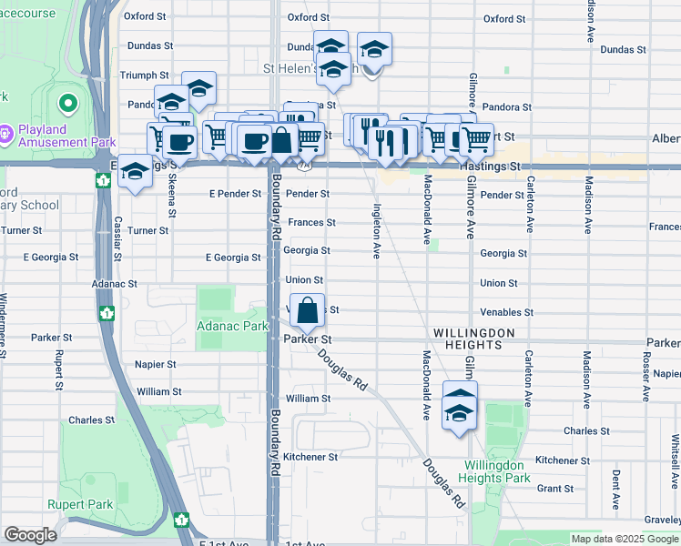 map of restaurants, bars, coffee shops, grocery stores, and more near 3807 Union Street in Burnaby