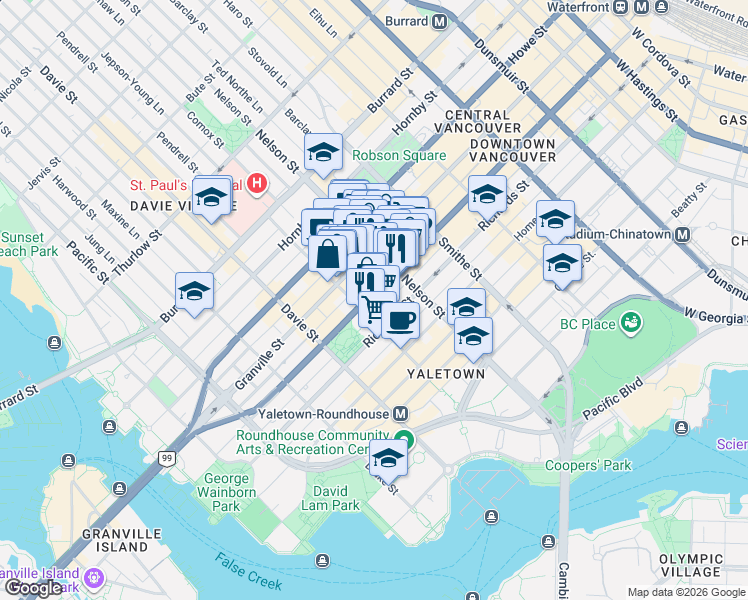 map of restaurants, bars, coffee shops, grocery stores, and more near 1072 Seymour Street in Vancouver