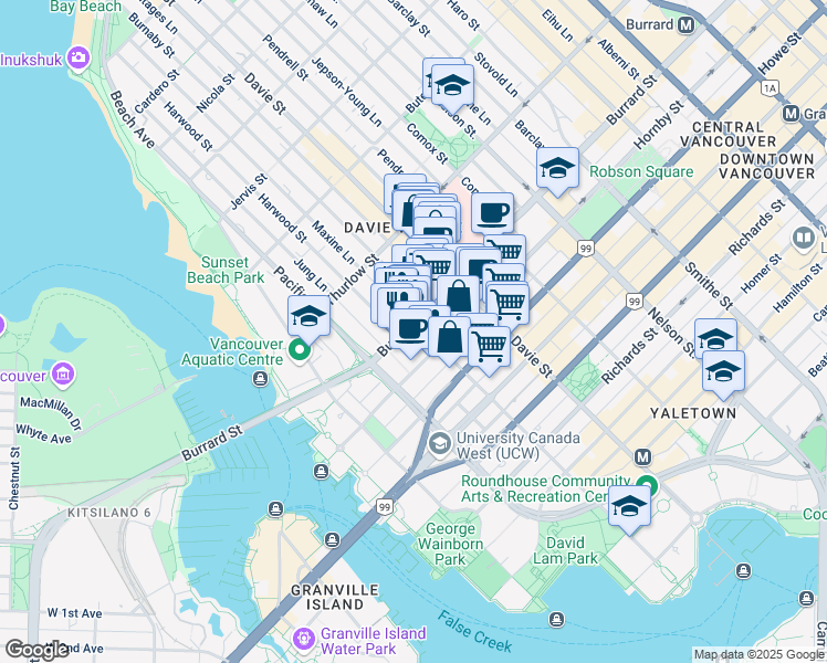 map of restaurants, bars, coffee shops, grocery stores, and more near 1304 Burrard Street in Vancouver