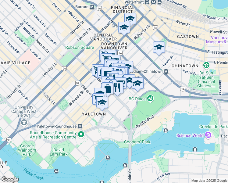 map of restaurants, bars, coffee shops, grocery stores, and more near 293 Smithe Street in Vancouver