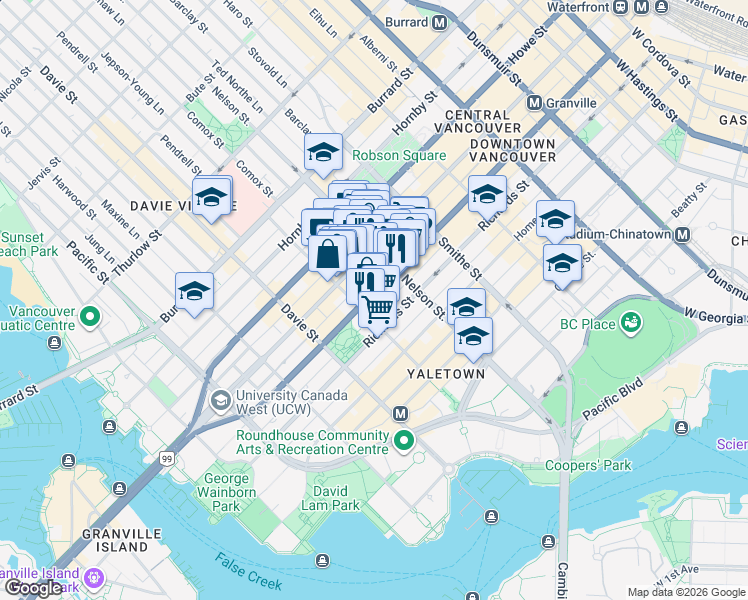map of restaurants, bars, coffee shops, grocery stores, and more near 1072 Seymour Street in Vancouver