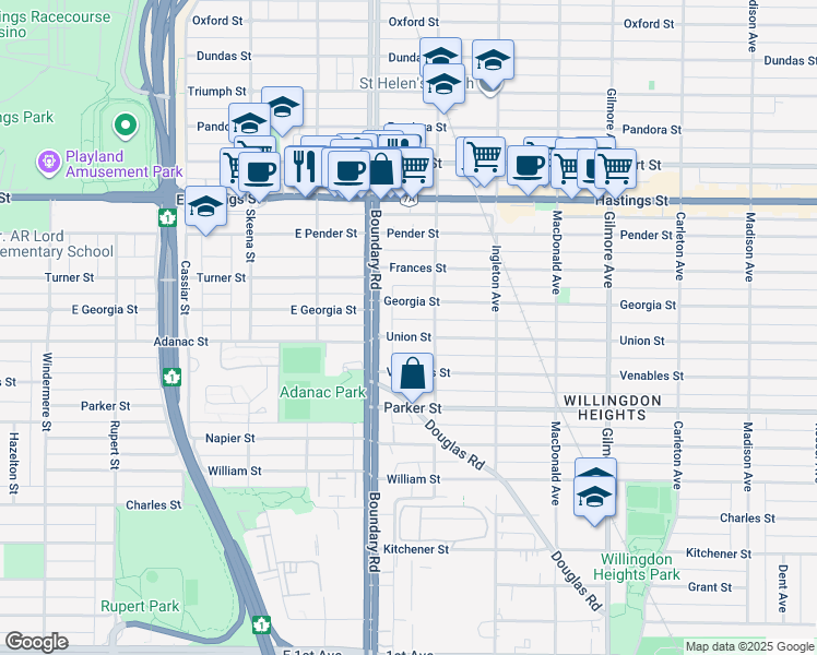 map of restaurants, bars, coffee shops, grocery stores, and more near 3749 Union Street in Burnaby