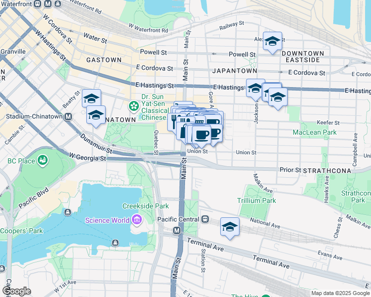 map of restaurants, bars, coffee shops, grocery stores, and more near 790 Main Street in Vancouver