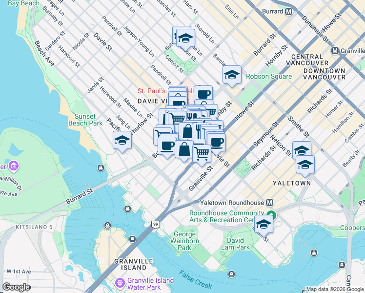 map of restaurants, bars, coffee shops, grocery stores, and more near 1281 Hornby Street in Vancouver