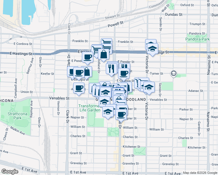 map of restaurants, bars, coffee shops, grocery stores, and more near 1669 Adanac Street in Vancouver