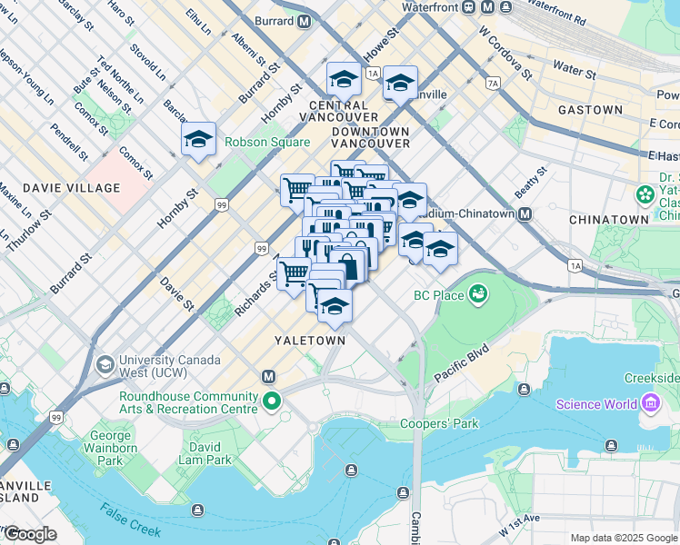 map of restaurants, bars, coffee shops, grocery stores, and more near 891 Homer Street in Vancouver