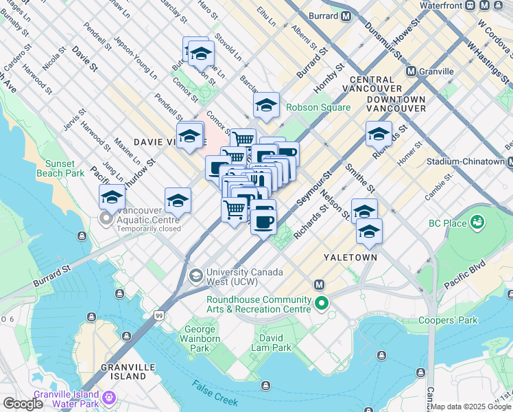 map of restaurants, bars, coffee shops, grocery stores, and more near in Vancouver