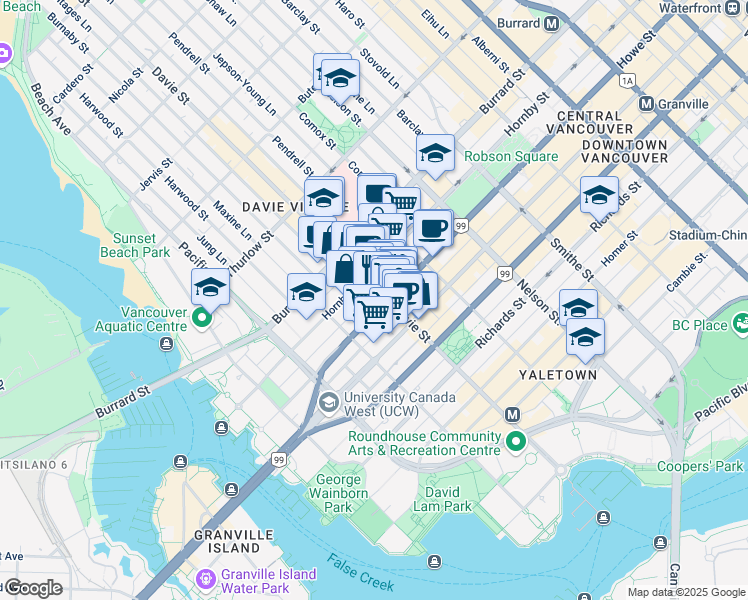 map of restaurants, bars, coffee shops, grocery stores, and more near in Vancouver