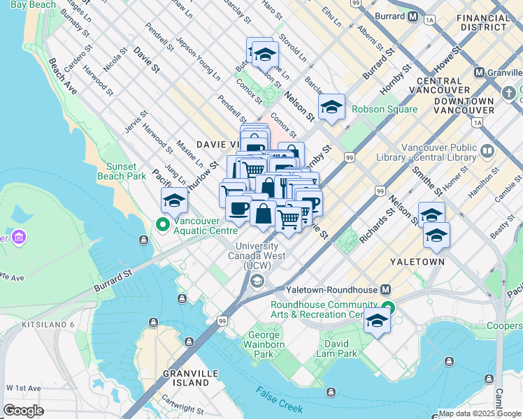 map of restaurants, bars, coffee shops, grocery stores, and more near in Vancouver