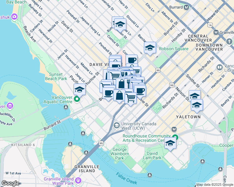 map of restaurants, bars, coffee shops, grocery stores, and more near in Vancouver