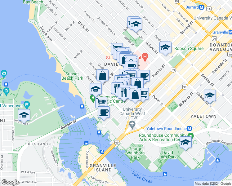 map of restaurants, bars, coffee shops, grocery stores, and more near 1020 Harwood Street in Vancouver