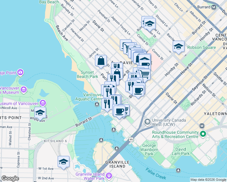 map of restaurants, bars, coffee shops, grocery stores, and more near in Vancouver