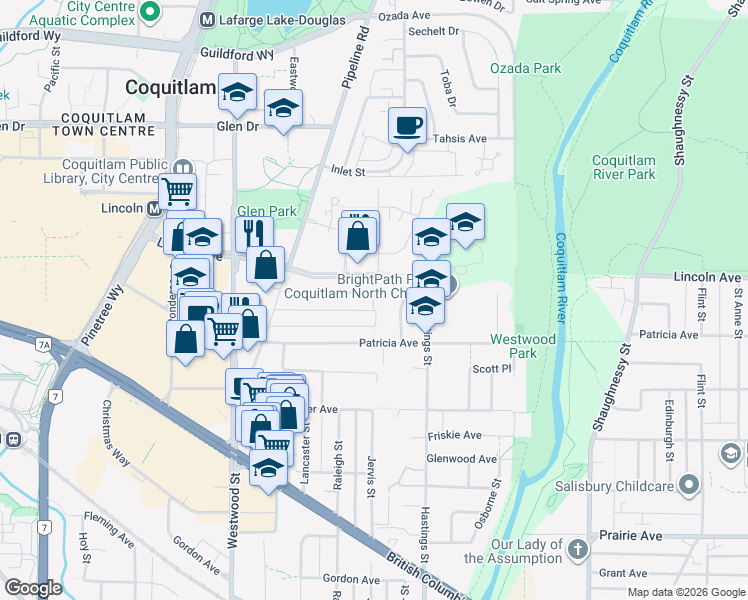 map of restaurants, bars, coffee shops, grocery stores, and more near 2571 Larkin Avenue in Port Coquitlam