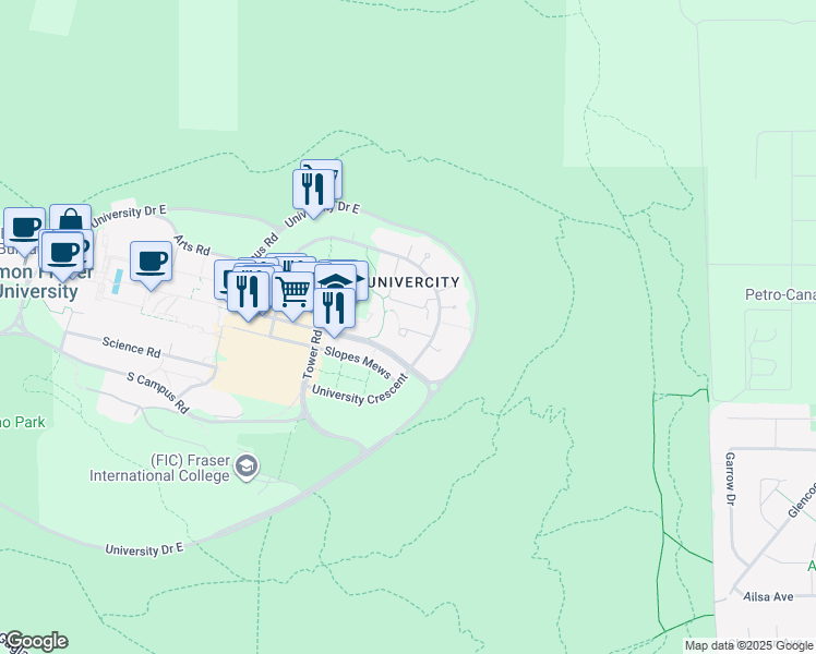 map of restaurants, bars, coffee shops, grocery stores, and more near 9319 University Crescent in Burnaby