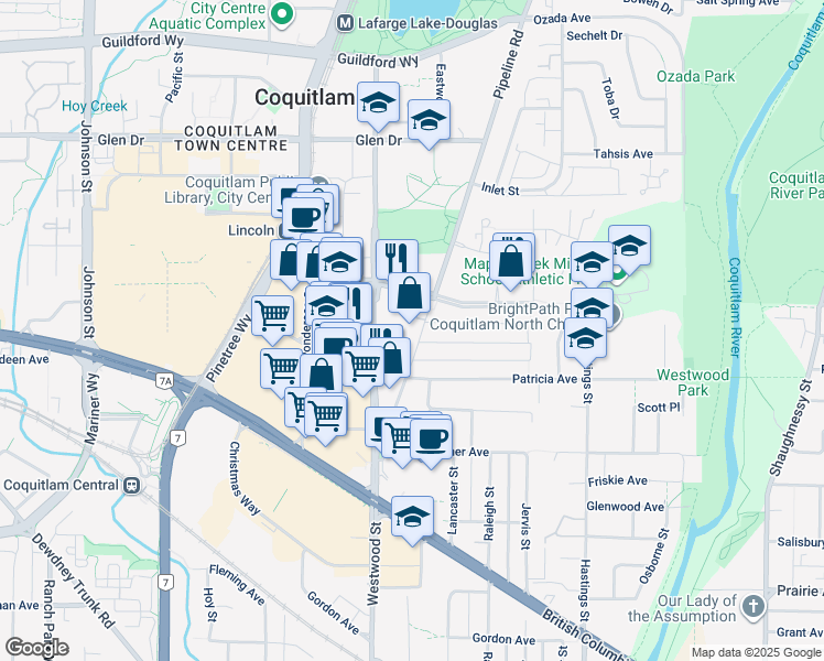 map of restaurants, bars, coffee shops, grocery stores, and more near 3657 Woodland Drive in Port Coquitlam