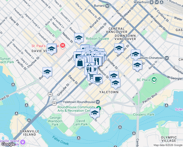 map of restaurants, bars, coffee shops, grocery stores, and more near 1068 Seymour Street in Vancouver